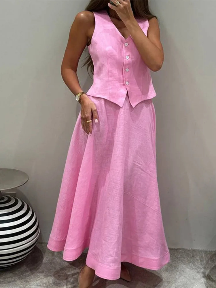 Women Vest Skirt Suit Solid O-neck Single Breasted Short Sleeve Short Top Button Wide Leg Skirts Female Summer Lady Beach Wears 251107