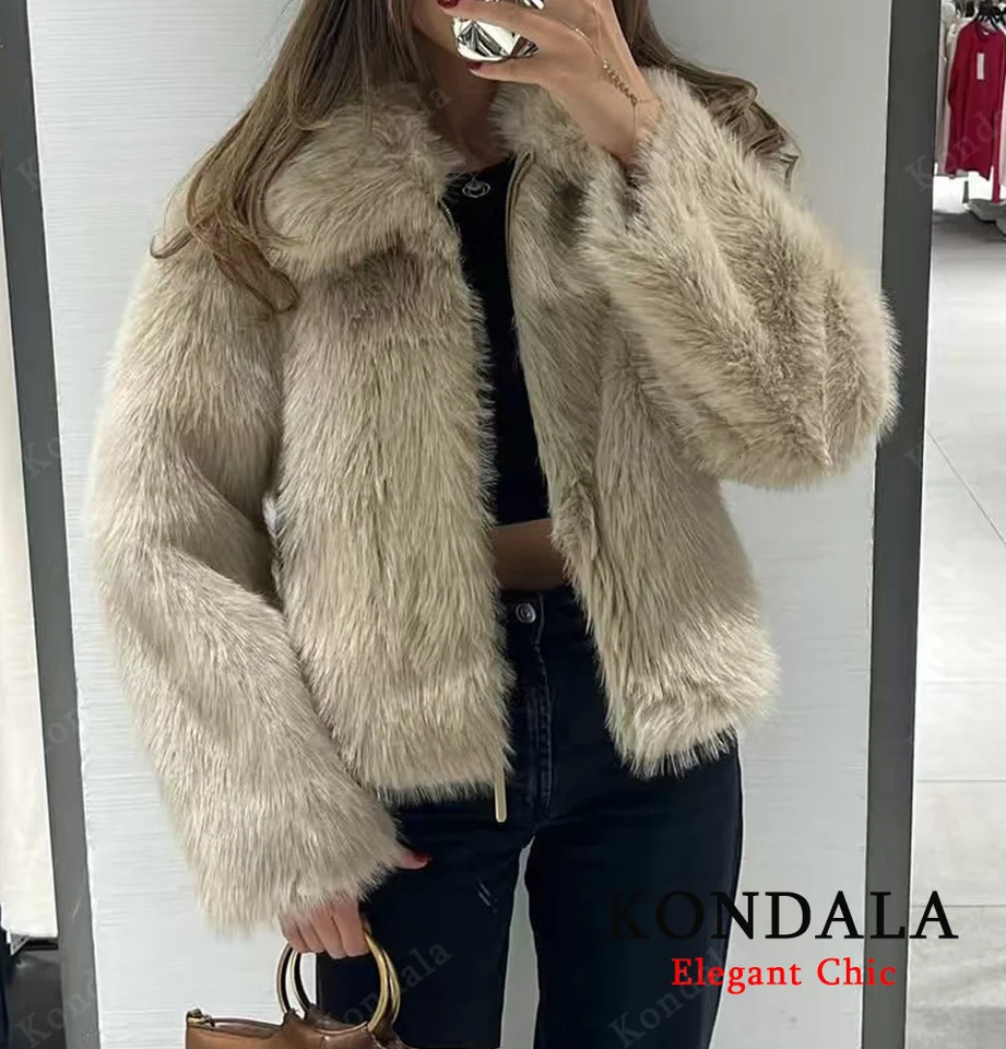 KONDALA Fur Zipper Jacket Womens Fall Winter Outwear Casual Faux Fashion High Street Elegant Ladies 251110