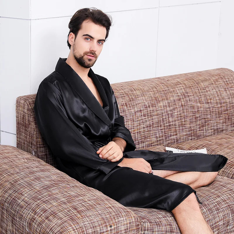 Large Size Men Robe Kimono Bathrobe Gown with Pocket Black Silk Satin Sleepwear Nightwear Spring Summer Homewear 5XL 6XL 7XL 250409
