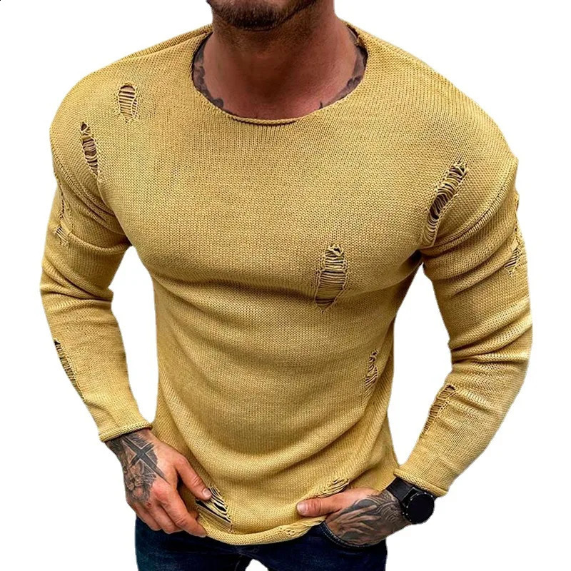 European American mens summer fashion perforated knitted sweater with round neck long sleeves thin base shirt top 250407