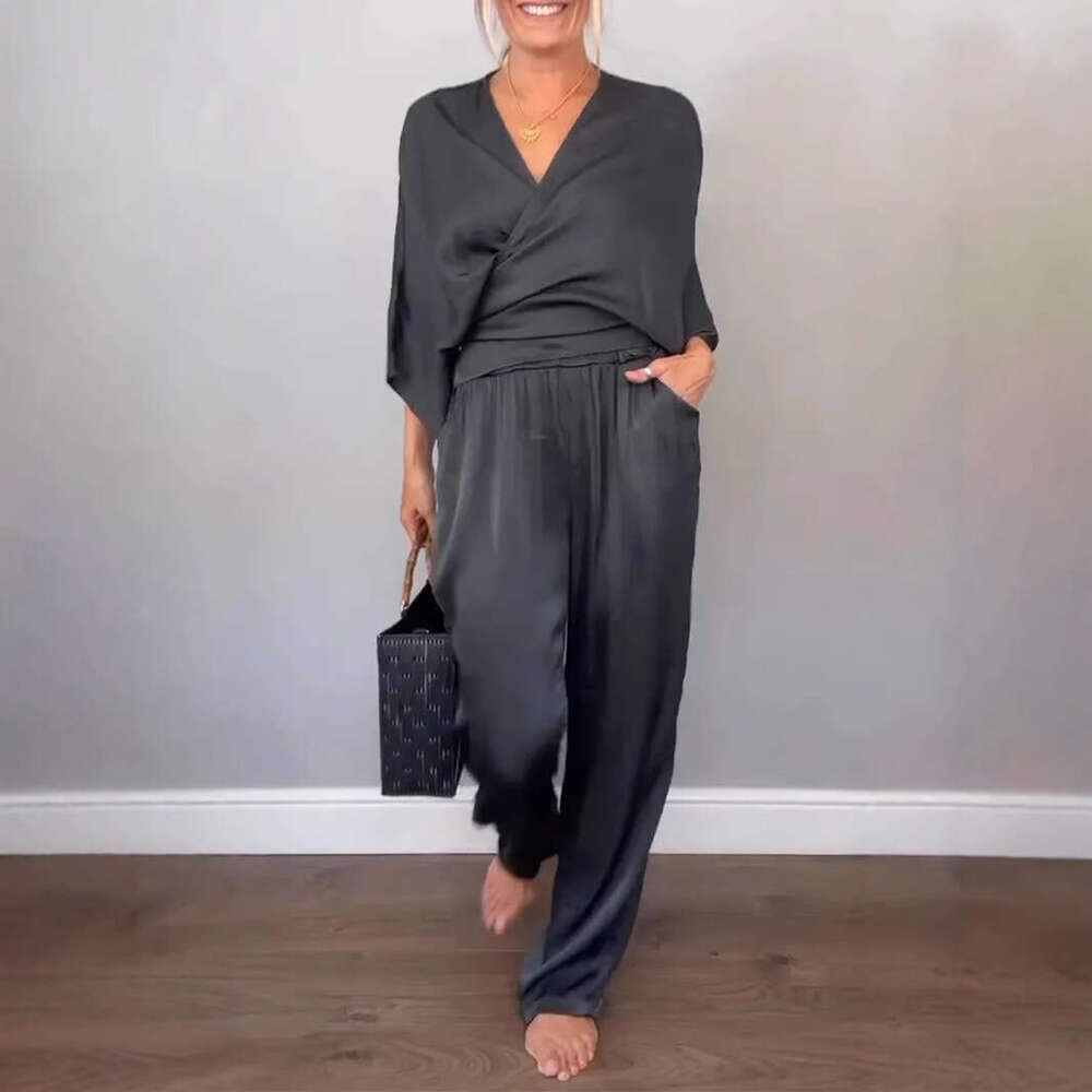 2025 Summer New European American Cross-Border Women's Clothing Independent Station Foreign Trade Solid Color Satin Short Sleeve Top and Pants Se