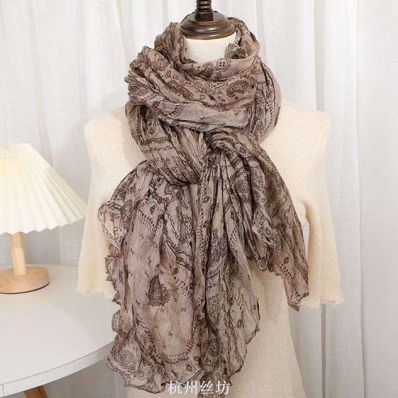 T446 winter cold windproof shawl ethnic style silk scarf female autumn and winter pleated cotton and linen feel warm neck scarf