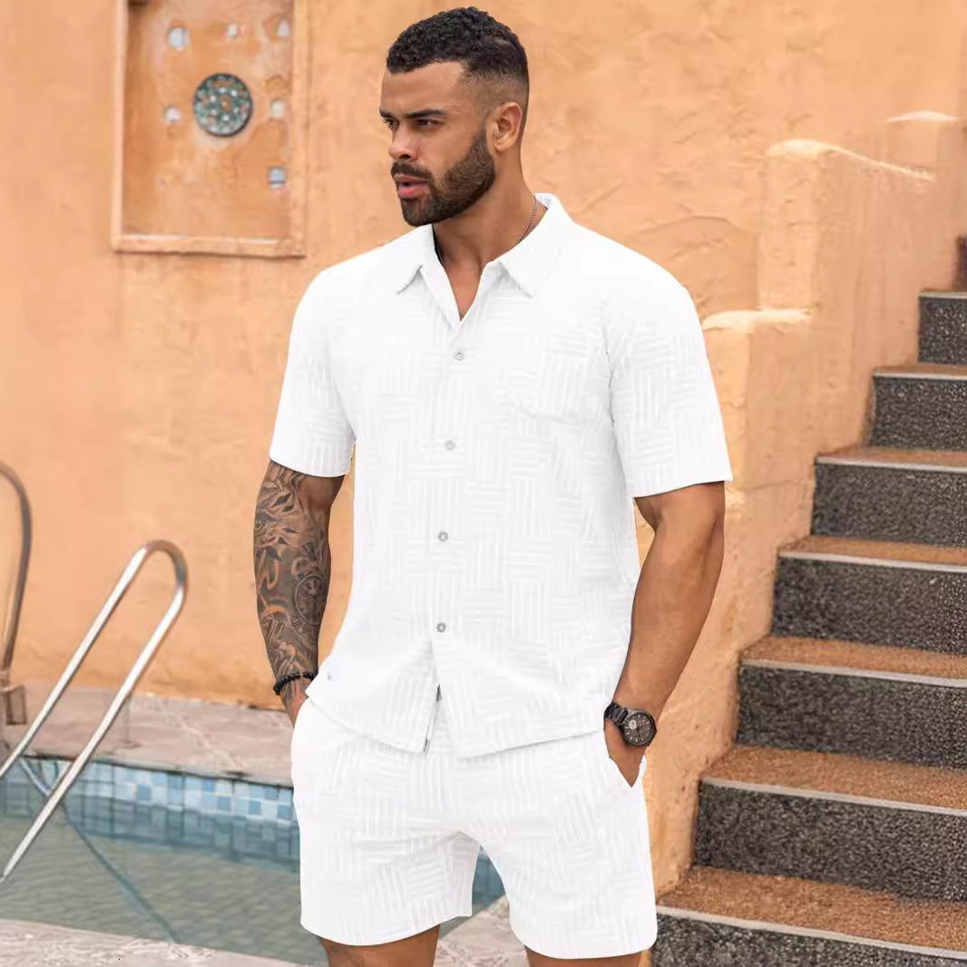 2024 Summer New Mens Leisure Sports Set Jacquard Knitted Shirt Mens Short Sleeve Set Trendy