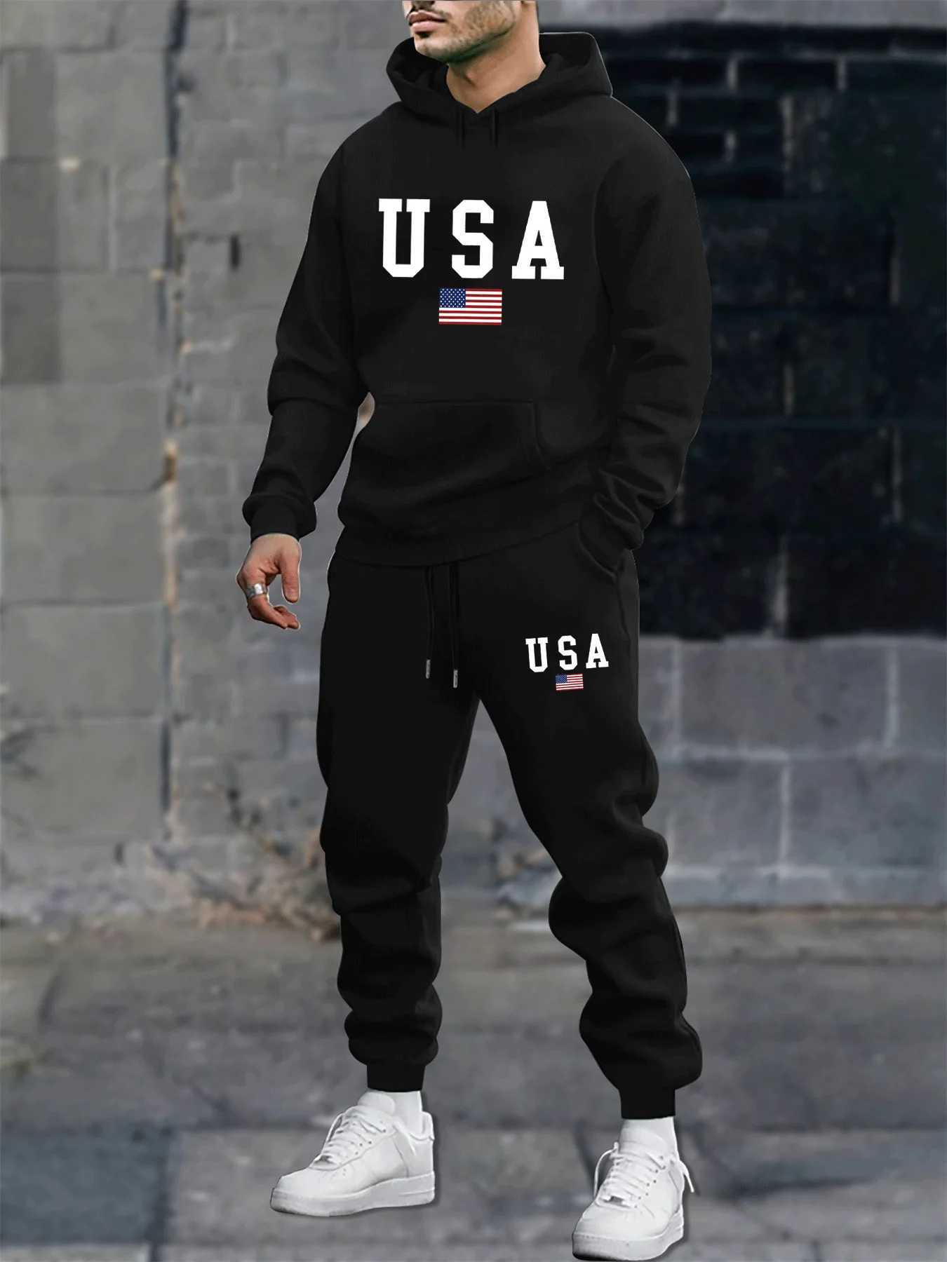 Mens autumn and winter casual fashion warm American flag USA pattern print loose plush thick hooded sweatshirtsweatpants set W251110
