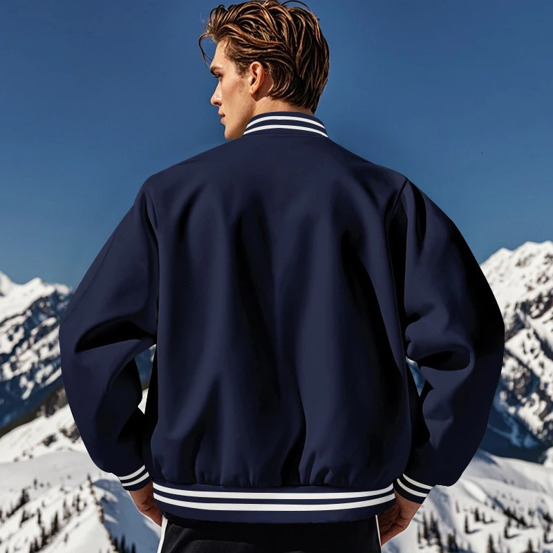 Mens baseball jacket with stand up button flight monochrome loose casual American sport autumnwinter 250401
