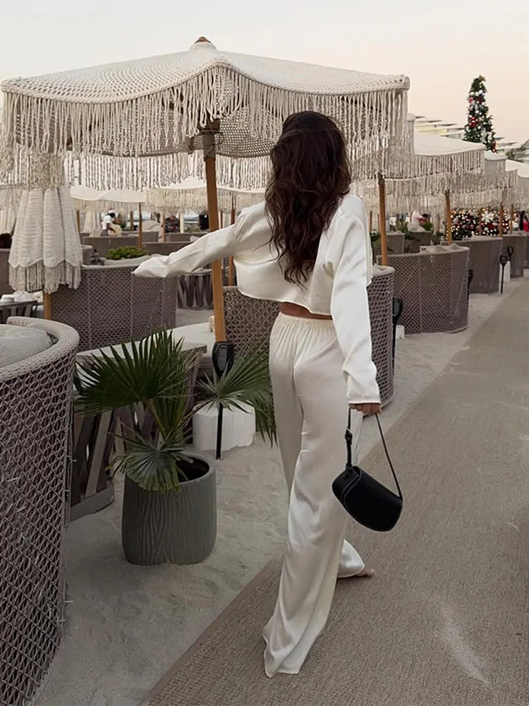 2025 Chic Satin Drawstring Elastic Waist Loose Pants Set Women Elegant Button Down Long Sleeve Shirt Suit Lady Casual Streetwear 250409