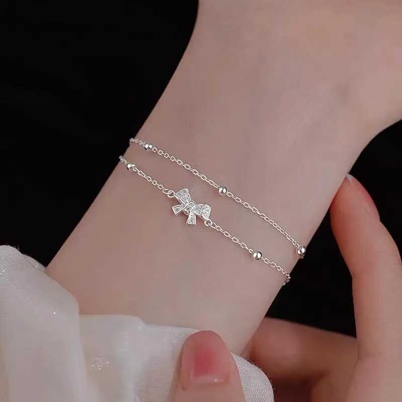 Luxury 925 Sterling Silver Zircon Bow Bracelets For Women Girls Fashion Korean Double Layer Bead Bracelet Party Wedding JewelryT251110