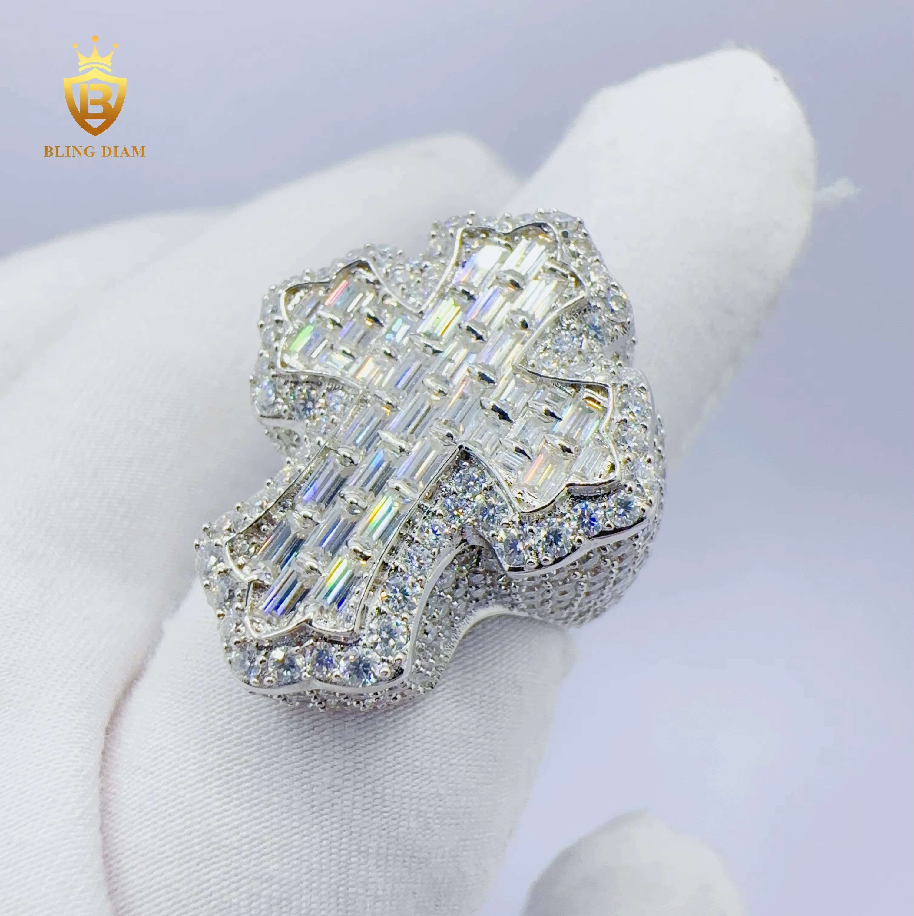 Blingdiam Jewelry Hip Hop 925 Sterling Sliver Cross Ring D Color Baguette VVS Moissanite Ring