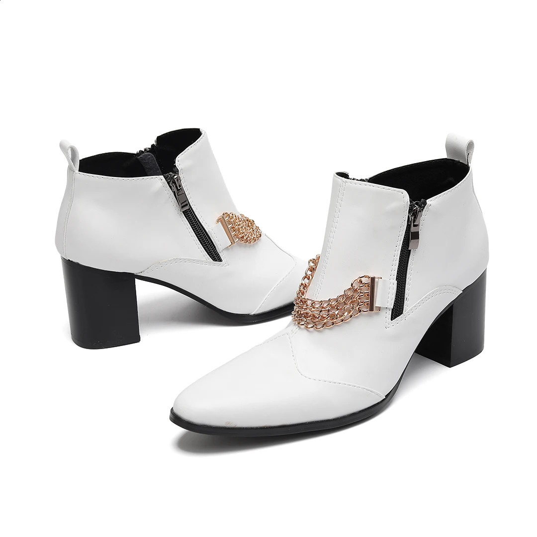 White Chains Genuine Leather Men High Heel Boots Large Size Club Party Drag Queen Dress Shoes Pointed Toe Zipper Ankle Boots 251106
