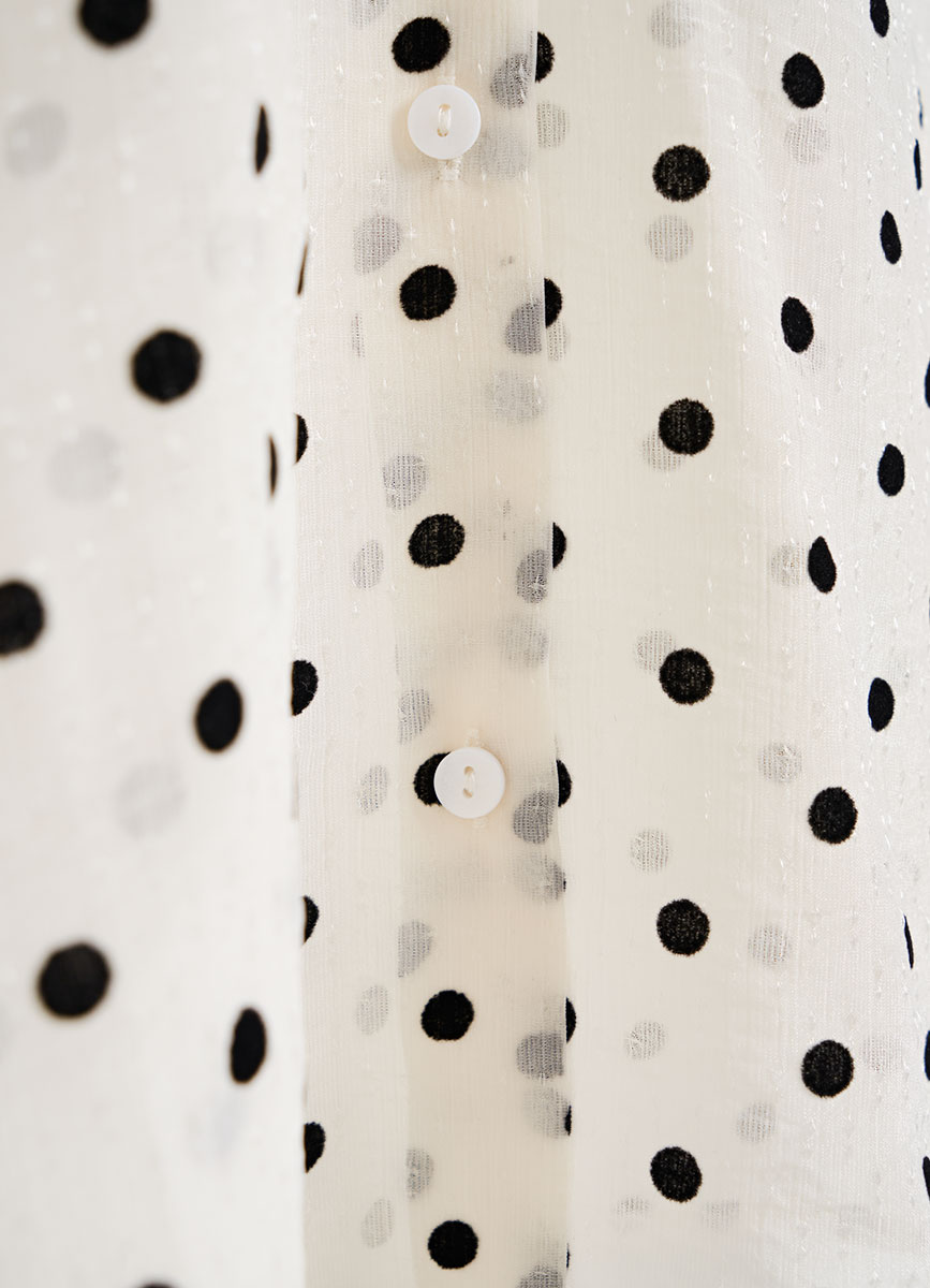 Women's White Black Polka Dot Bow Tie Collar Blouse, Long Sleeve Flock Print Shirt with Curved Hem