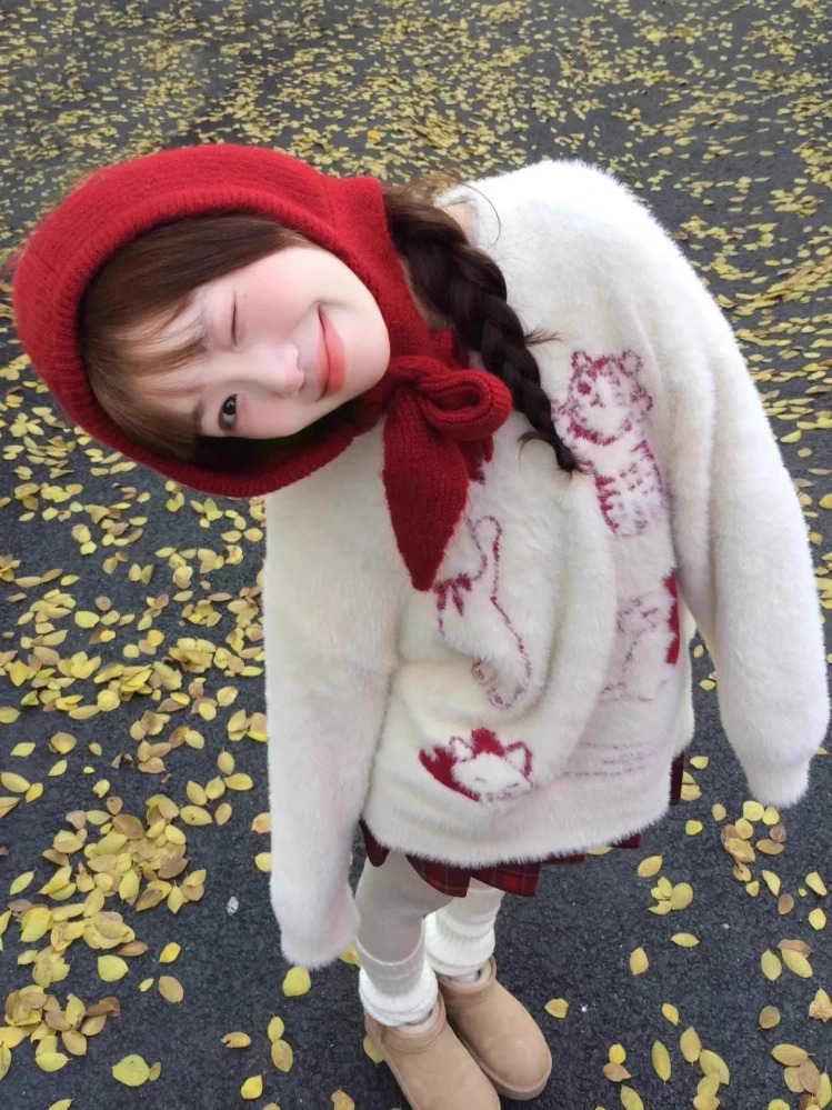 Preppy Style Pullovers Cartoon Jacquard n Aesthetics Sweet Cute Autumn Winter Sweaters for Women Fashion All Match Clothing 251105