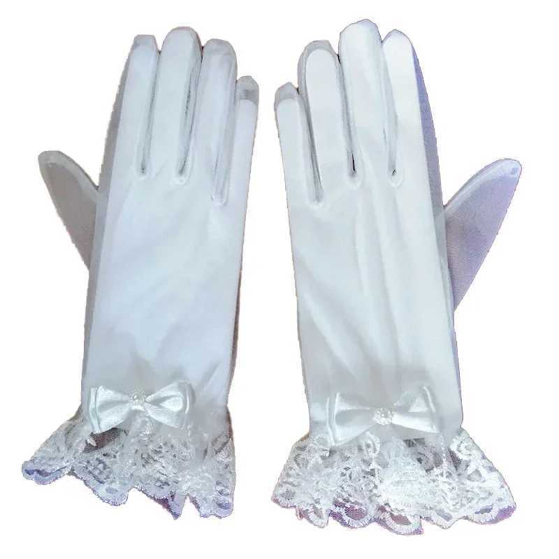 Ivory Short Fingerless Tulle Bridal Gloves with Pearl Accent Lace Cuff Perfect for Summer Weddings L251110