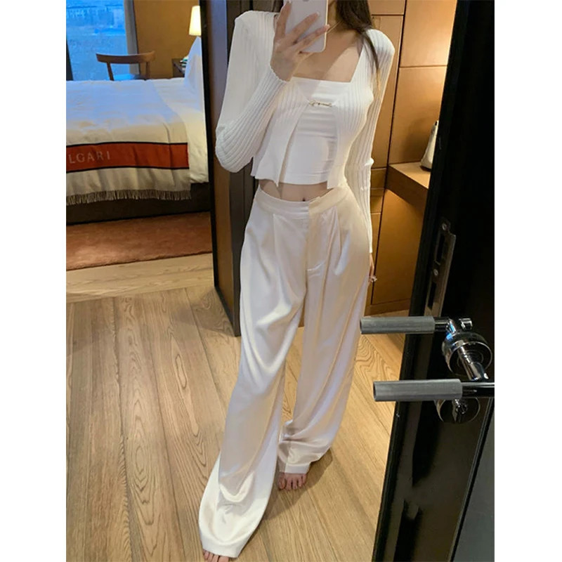 MEXZT Elegant Satin Wide Leg Pants Women 3Xl Fashion High Waist Black White Pants Summer Ladies Korean Baggy Straight Trousers 250409
