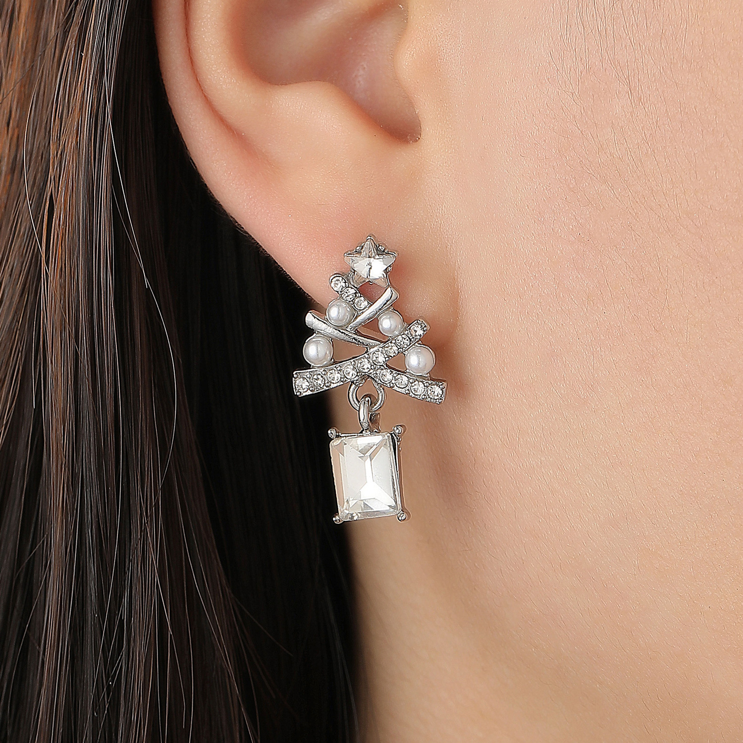 Dia-encrusted Imitation Pearl Christmas Tree Stud Women's Party Earrings