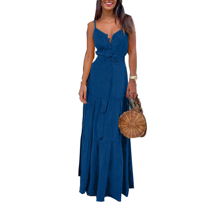 2025 Summer New Women's Personalized Button V-Neck Spliced Strap Dress
