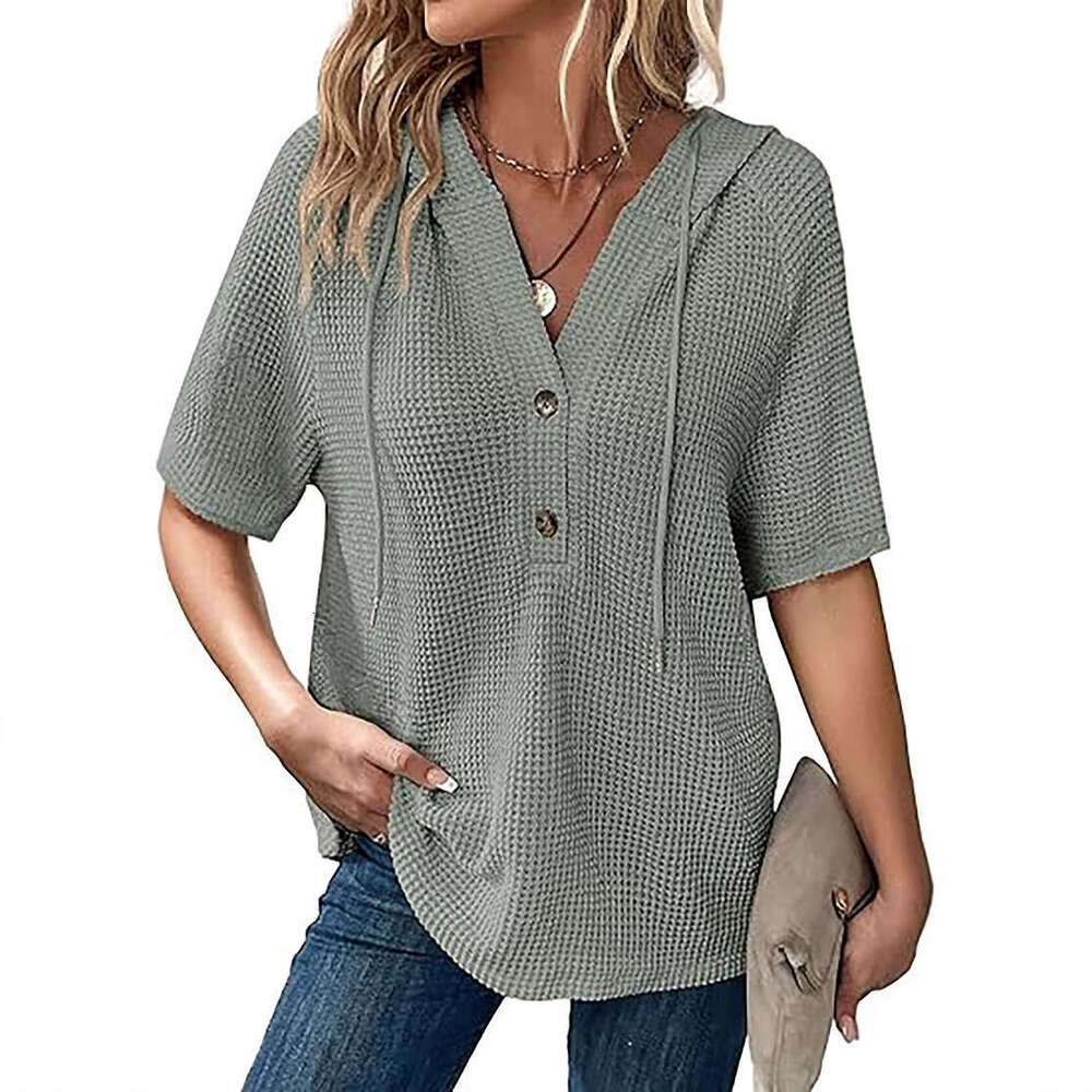 2025 Women's Summer Waffle Knit Short Sleeve Top Lightweight Drawstring Hoodie Button V-Neck Shirt