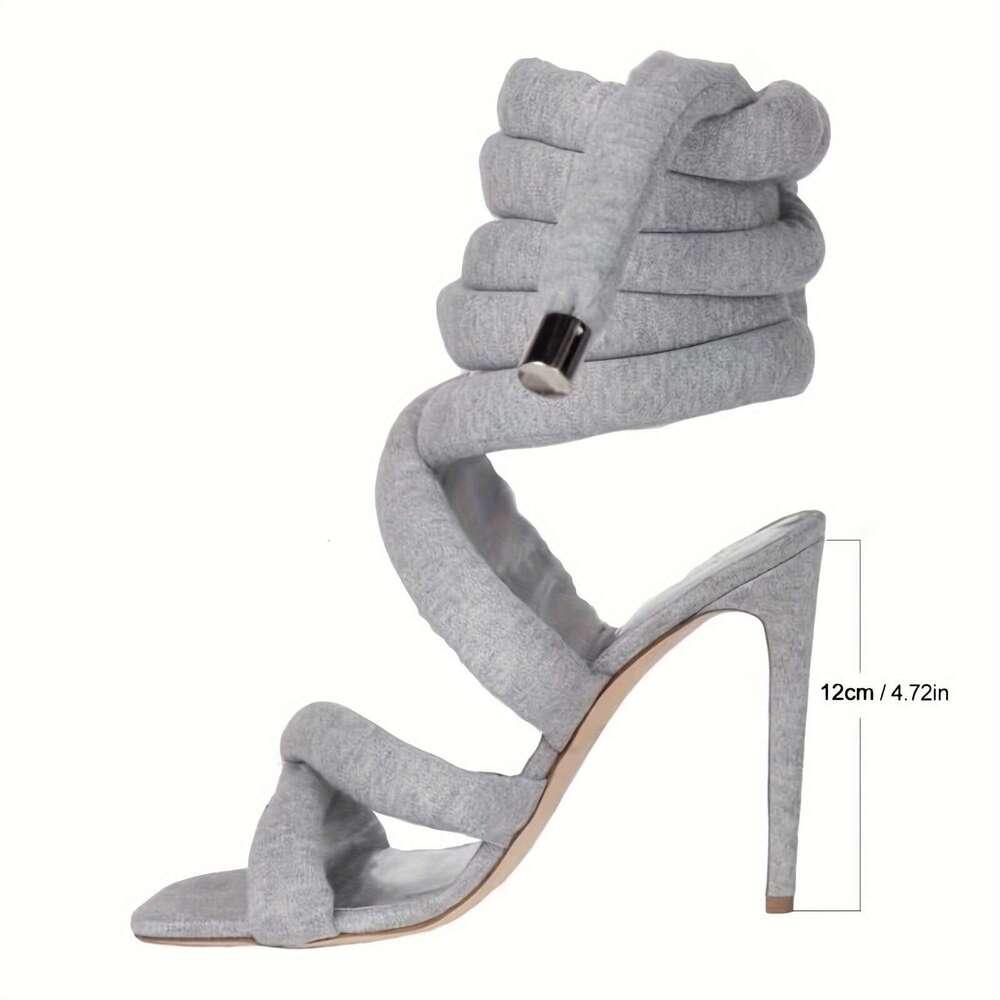 Strappy High Heels Gladiator With Grey Jersey Knit Fallopian Cloth Rope Lace Sexy Open Toe Square Stilettos Tie Up Heeled Sandals For Women US Size 6-