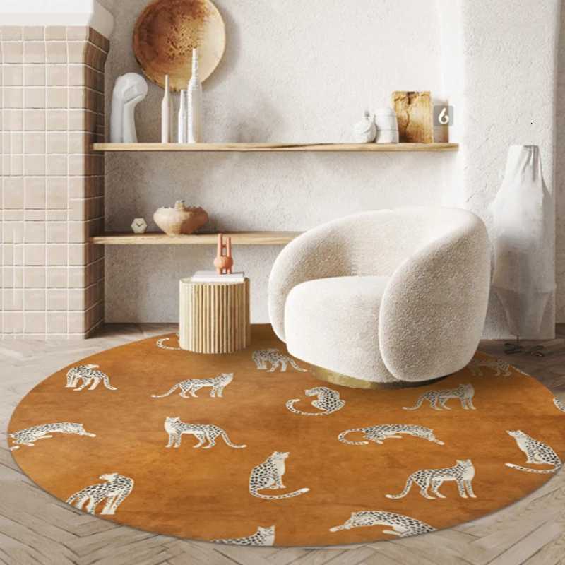 1pc Leopard Print Round Mat Non-Slip Mat with Brown Tan Animal Floor Rugs for Living Room Bedroom Entryway Modern Home Decor Y251110