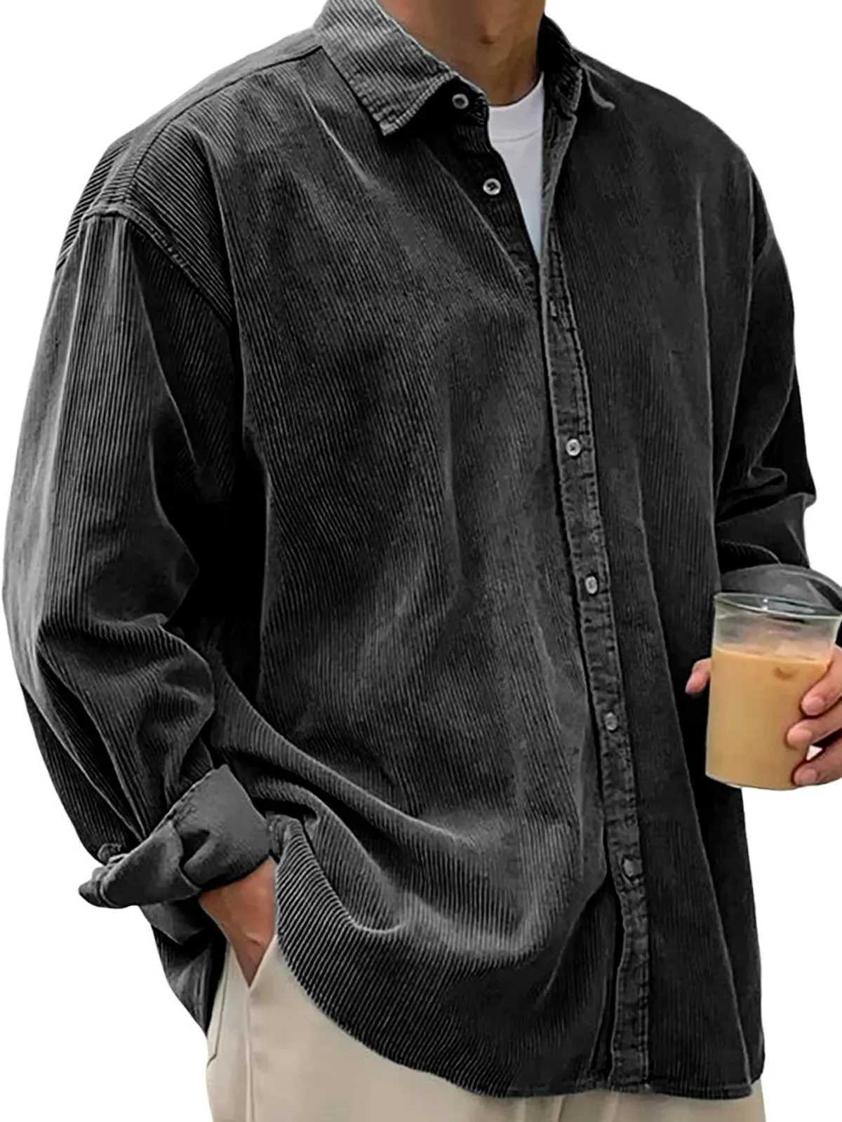 Autumn Winter New Fashion Mens Solid Color Casual Trendy Loose Simple Basic Turn-down Collar Long Sleeve Corduroy Shirts Male K251110