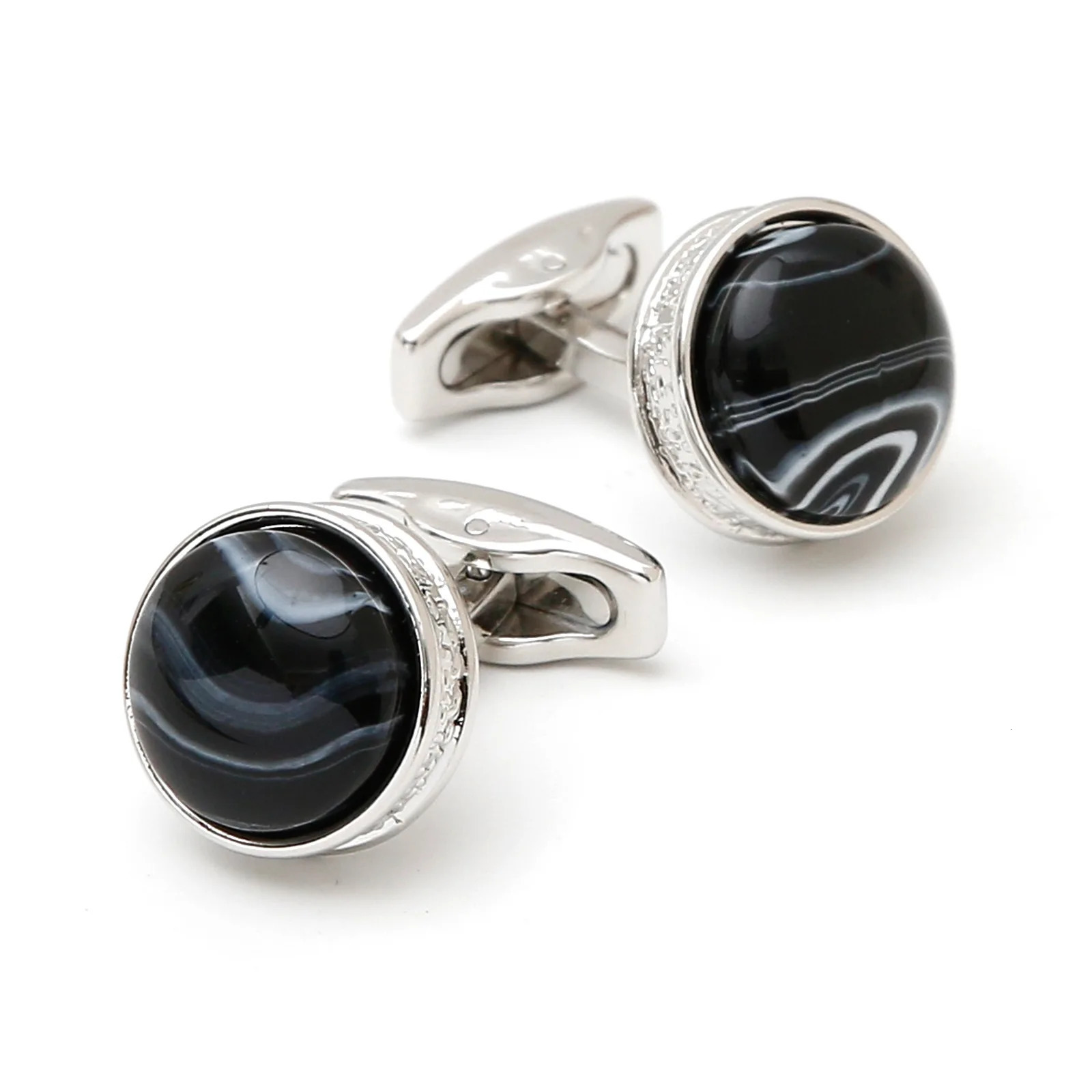 Casual Lrregular Black and White Patterns Round Silver Mens Cufflinks French Blue Color Stone Silver Shirt Buttons 250409