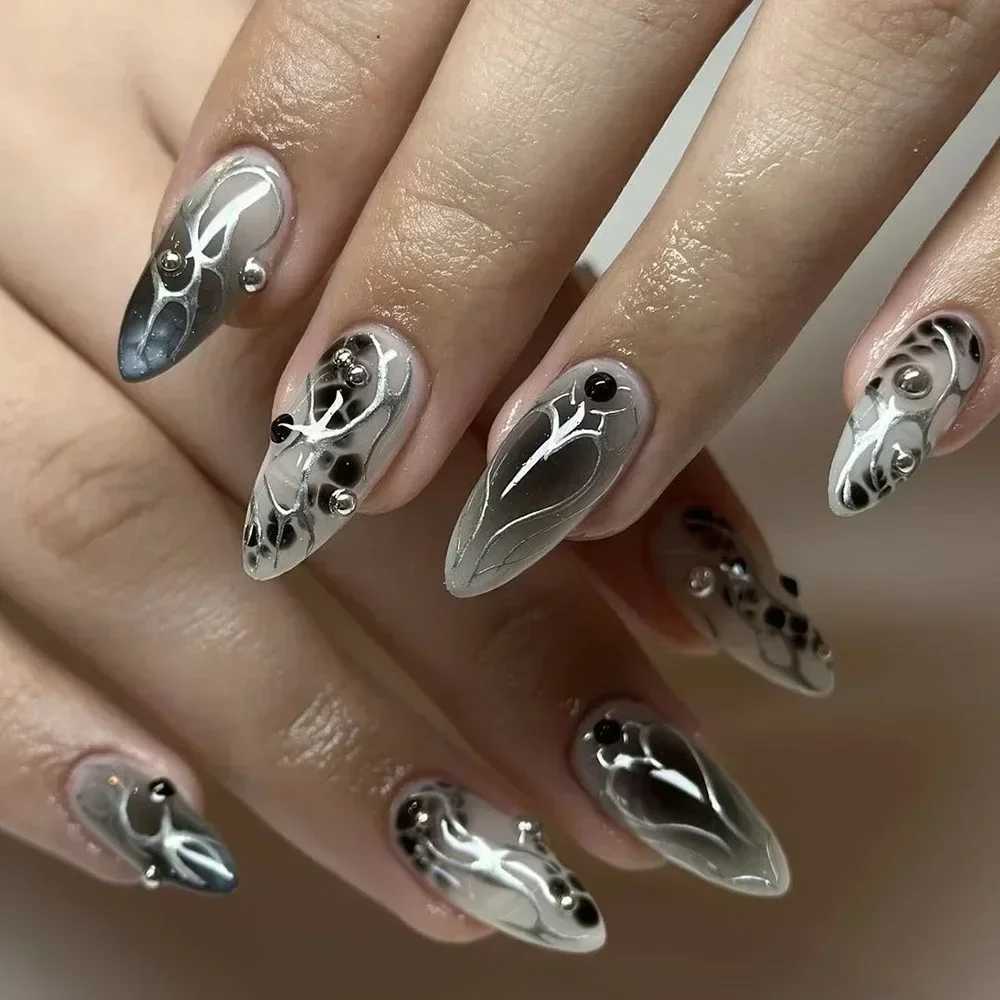 24Pcs Y2k Almond Acrylic Nail Set 3D Diamond Black Nail Art Sweet Cool French Wearable Fake Nail Handicraft Skills W250410