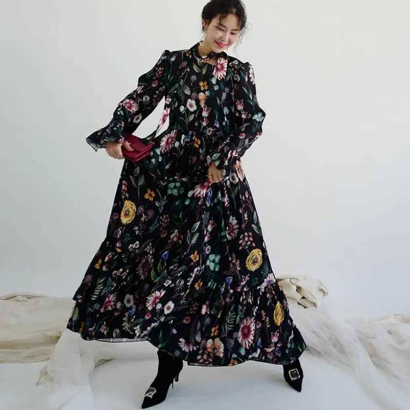 Ele dress retro fashion long Sve closed dress womens flower Hit colored necklace tie lotus Le big swing dress W250401