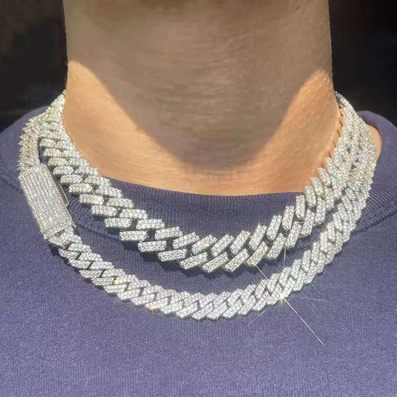 Gems 8mm 10mm 12mm Width 925 Solid Silver Ice Out Moissanite Diamond Cuban Link Chain Necklaces for Hip Hop Jewelry