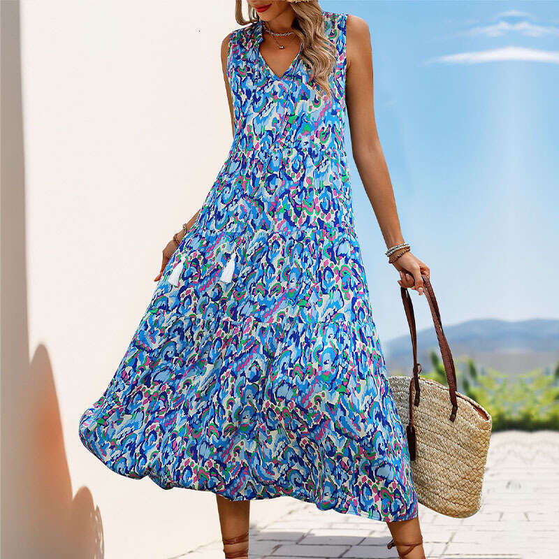 2025 European and American summer vacation style sleeveless V-neck tassel abstract printed dress with versatile temperament, new trendy clothing ins