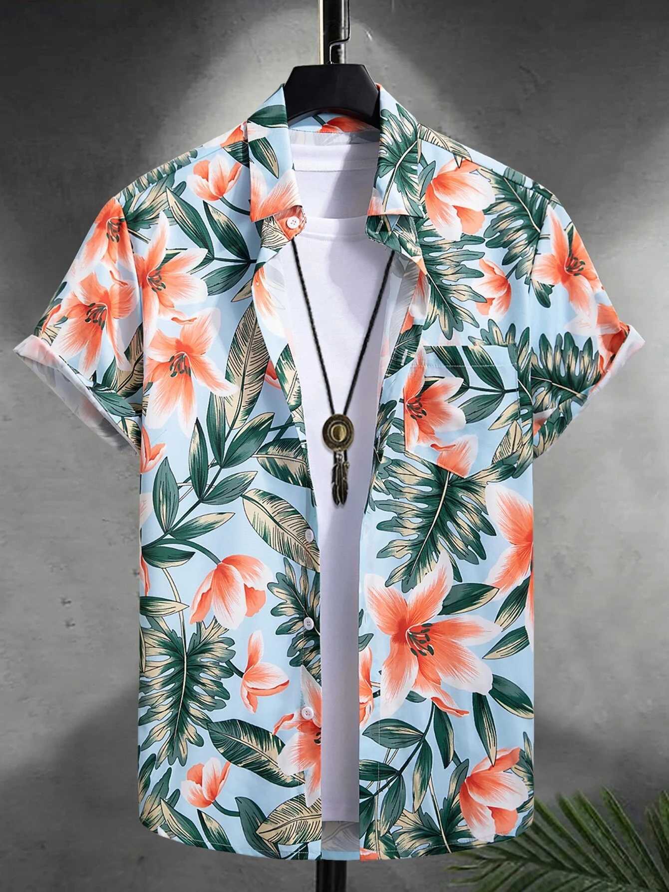 Hawaii colored coconut tree print lapel fashionable mens shirt 2024 mens beach vacation casual style mens short sleeved shirt X250410