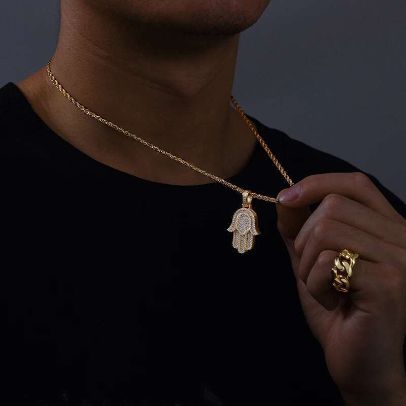 New Moissanite Iced Out Bg Hamsa Hands Pendants Necklaces S Sier Charm For Men Women Hip Hop Jewelry Passed Dia Test
