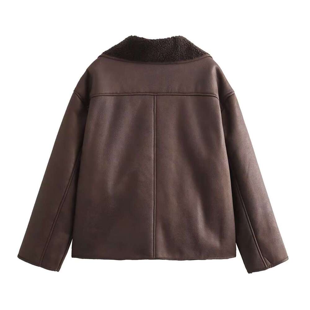 Foreign Trade Women's Clothing Wholesale Spring Autumn New Casual Leather and Fur Integrated Turn-down Collar Reversible Jacket Coat