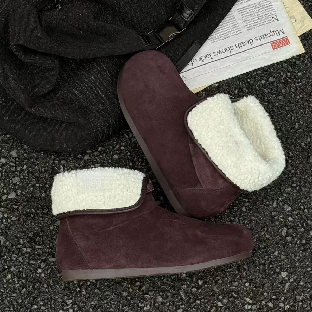 Designer's new sheepskin wool thick sole fluffy two-way snow boots rubber sole warm cotton shoes