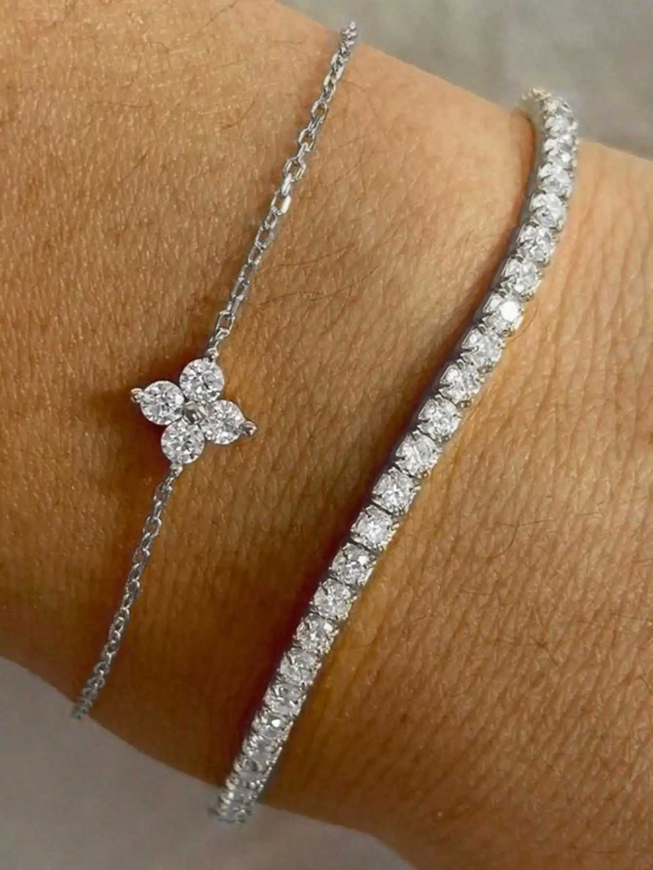 2pcs Simple Cubic Zirconia Flower Water Chain Womens Bracelet Set Daily Office JewelryT251110