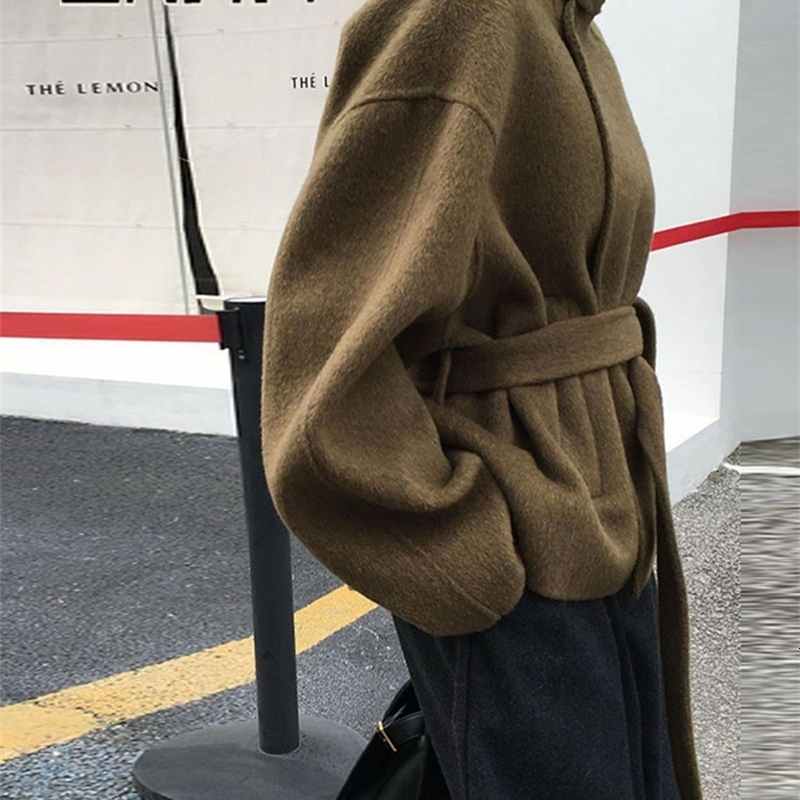 Woolen Solid Women Coat Fashion Belt Patchwork Lace Up Full Sleeve Lapel Lady Jacket Autumn Winter Female Loose Streetwear 251105