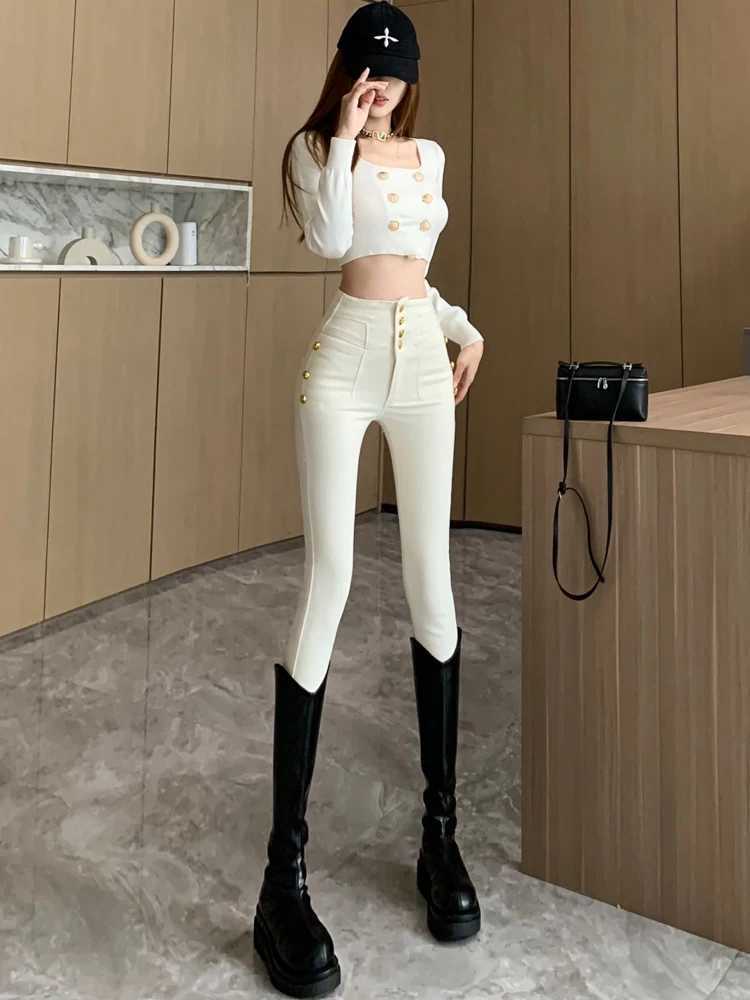 Winter Autumn Fleece New fashion jeans Women Single Breasted Decoration high Waist Black Elastic Slim Casual Pencil Pants C251110