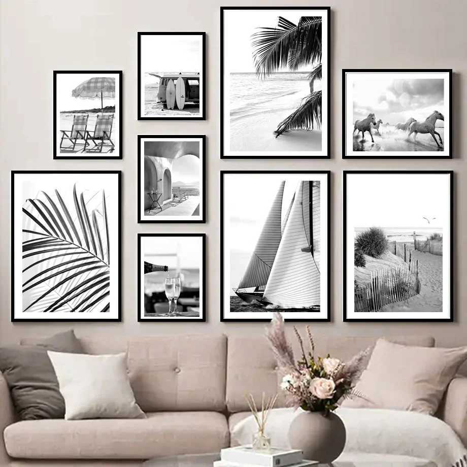 A4 13x18cm 6x8 Black Photo With Nordic Canvas Painting Beach Sea Palm Leaf Boat Horse Picture Poster Frame L251110 H260306
