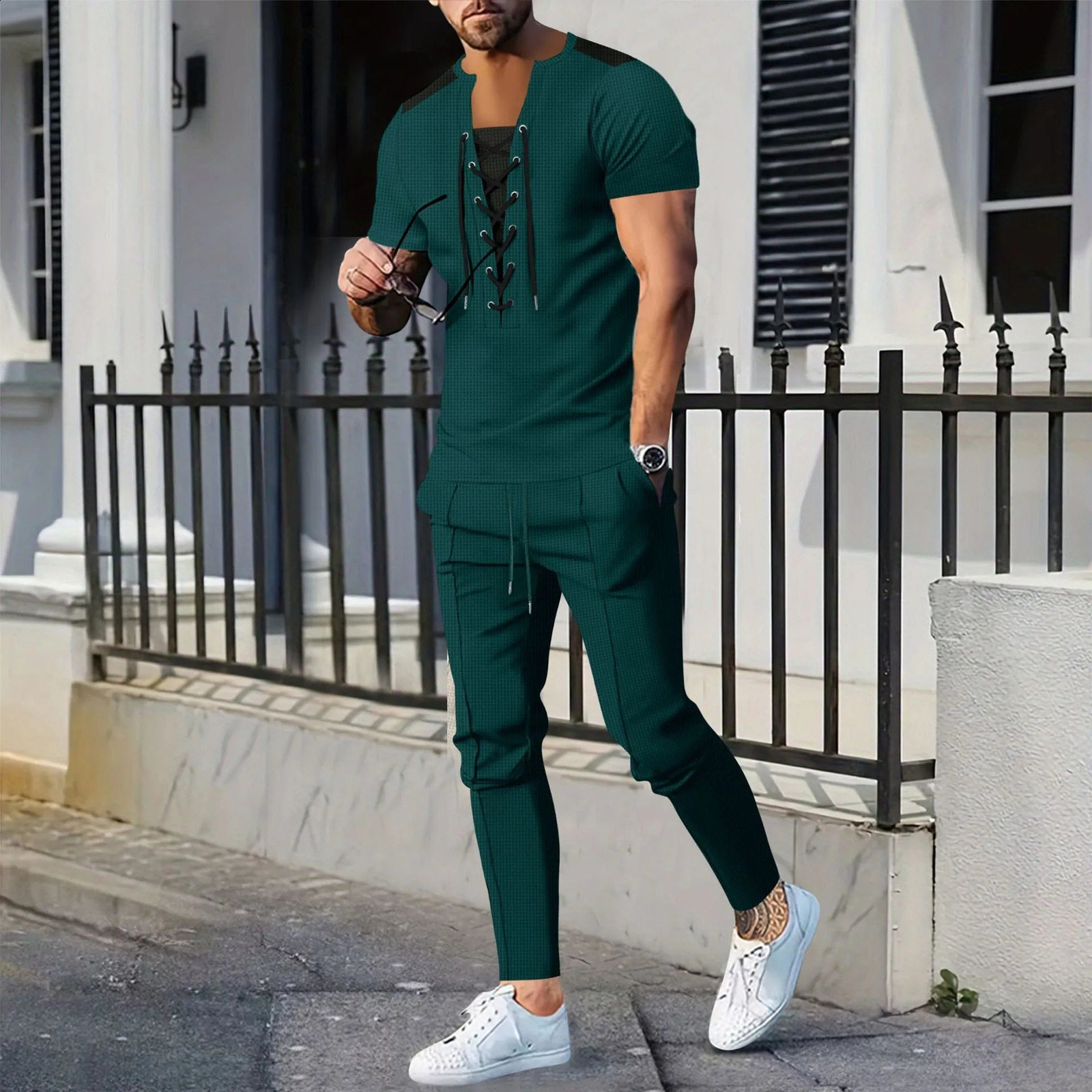 The 2025 Mens casual solid color Waffle rope short-sleeved summer casual pants suit 250407