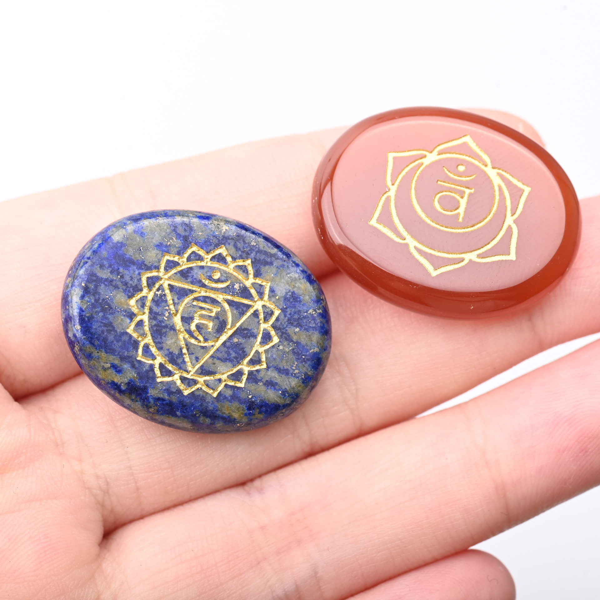 Seven pieces in a group. Colorful natural crystal agate seven-petal stone, elliptical palm-shaped stone, engraved character energy stone.