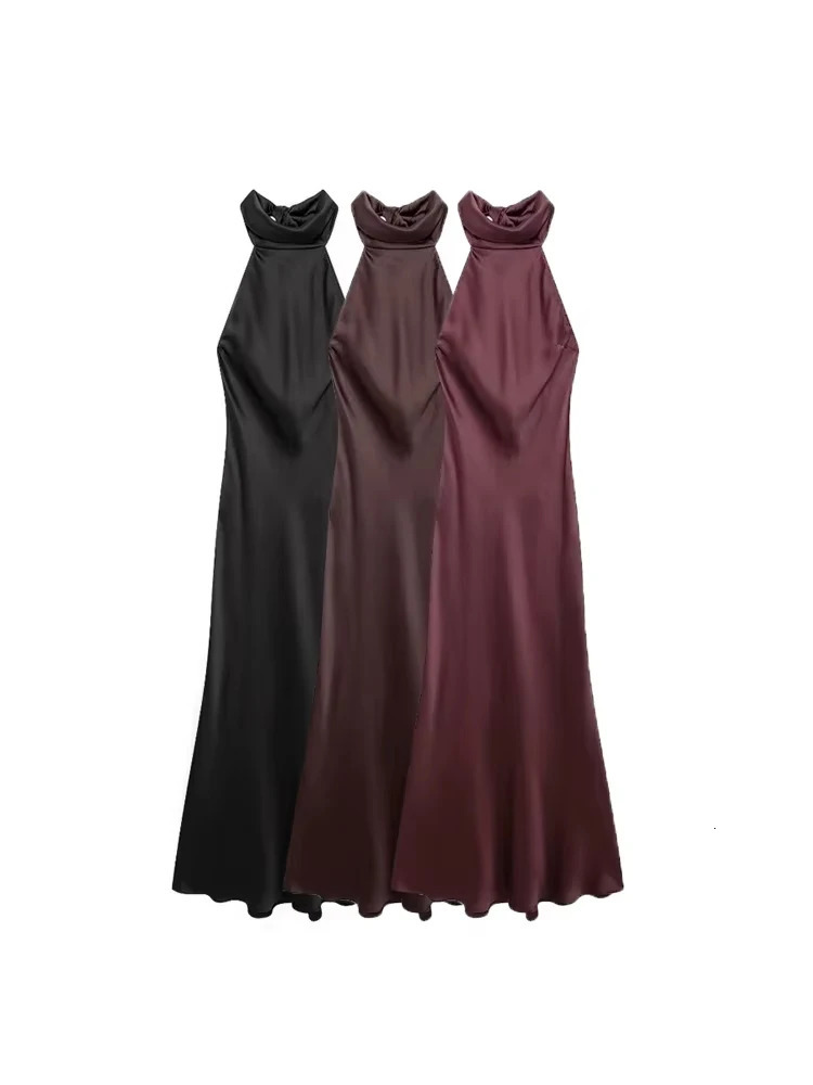 TRZA Womens Long Satin Strap Dress No Back Bow Back Zipper Womens Dress Sexy and Fashionable 250403
