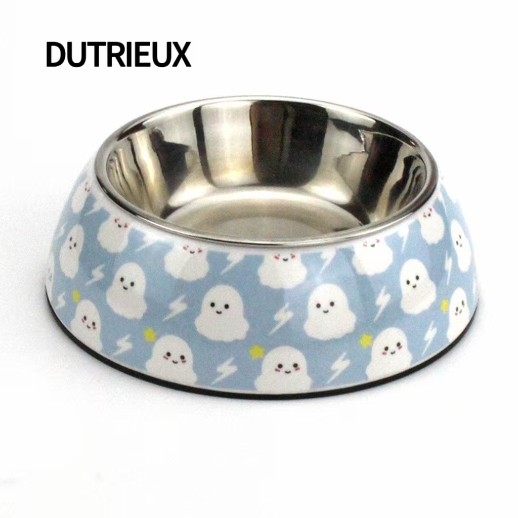 H1378 Wholesale pet tableware, stainless steel double bowls, non-slip food bowls, cartoon printed dog and cat bowls, logo customization available.