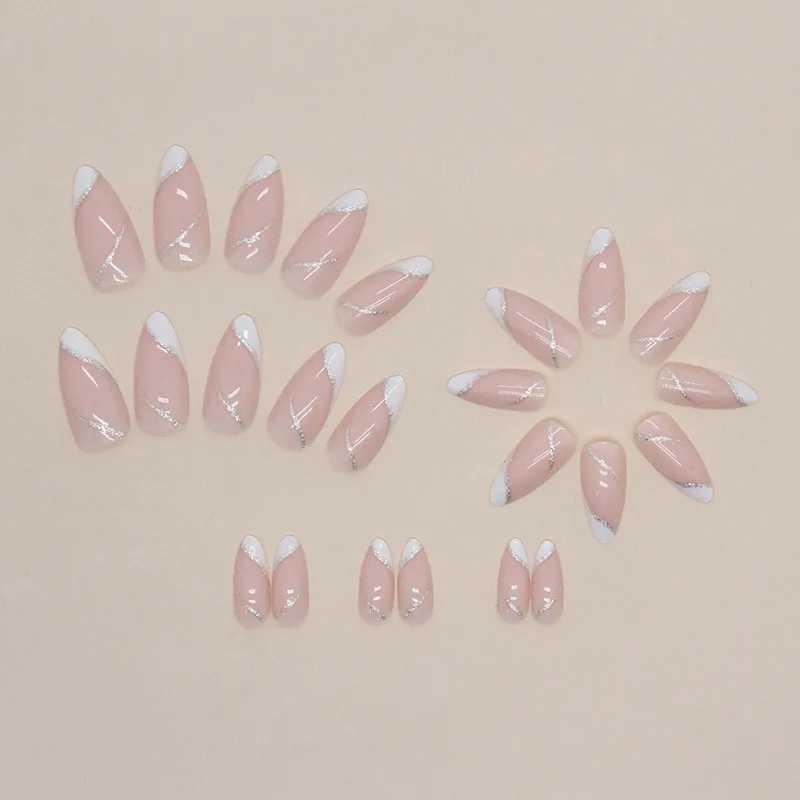24 pieces of flashing beveled edge press nail pink gradient fake nail smooth artificial finger manipulation reusable fake nail W250410