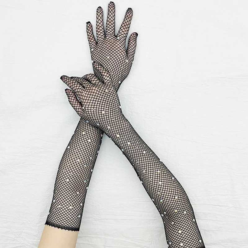 Black White Red Long Mesh Gloves With Rhinestones Hollow Fishing Net Womens Gloves Finger Fancy Cosplay Fishnet Gloves L251110