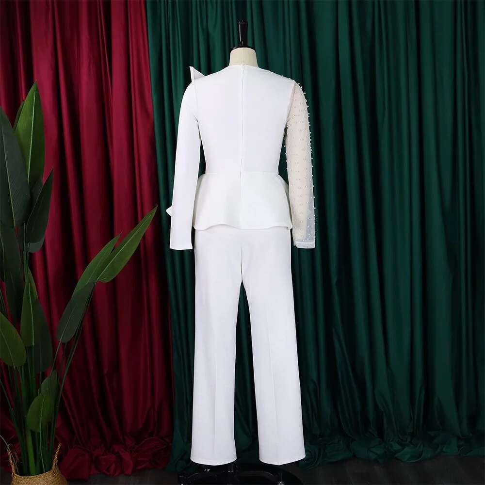 Jumpsuits & Rompers For Women Round Neck Beaded Transparent Sleeve High Waisted Elegant Female Birthday Party Overalls