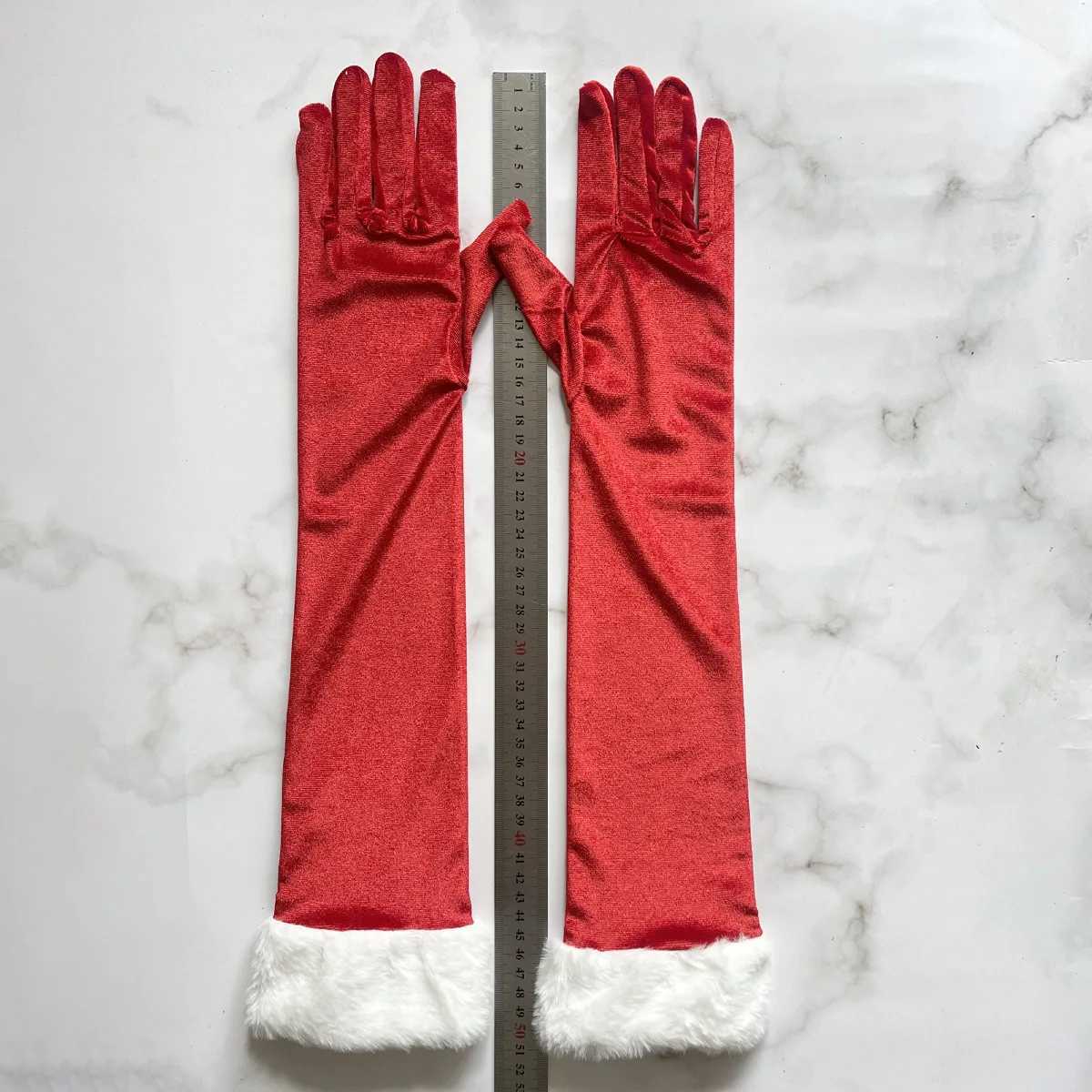 A Pair OfRed Long Velvet Gloves White Furry Cuff Elegant Party Gloves For Women Christmas Cosplay Evening Dress Accessories L251110