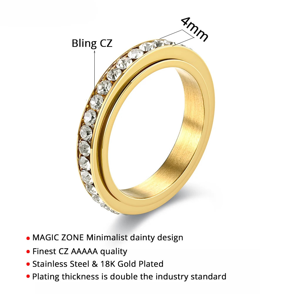 Punk Anxiety Fidget Spinner Rings Gold Silver Color Stainless Steel Rotatable CZ Rings for Women Men Anti Stress Jewelry Gift 251110