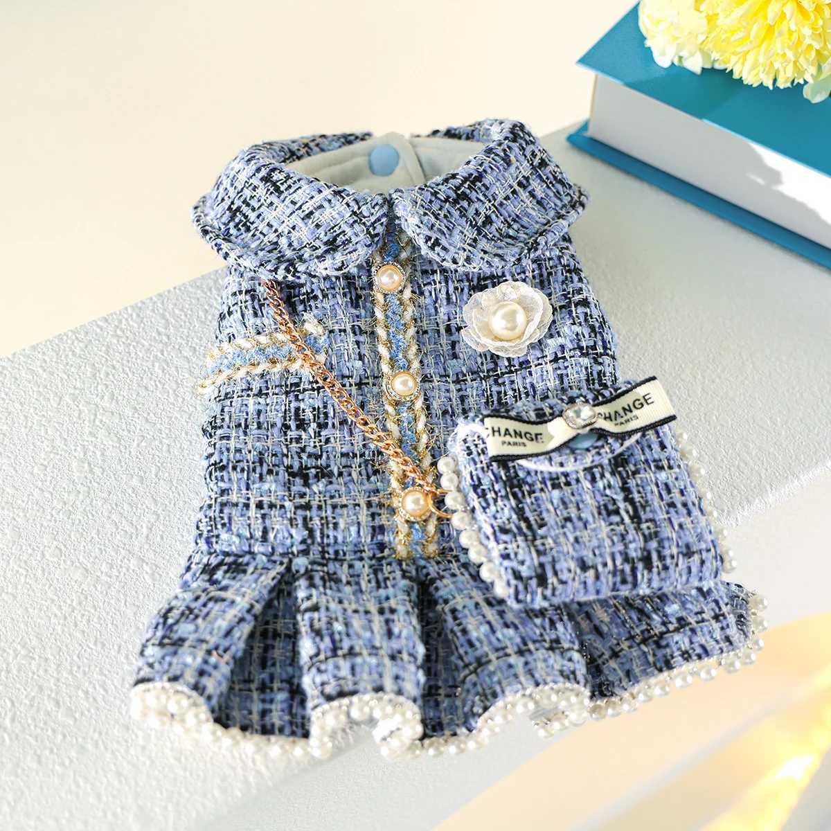 1-Piece Dog Clothes Cat Dog Pet Dress Autumn and Winter Thickened Warm Blue Skirt with Small Backpack J251110