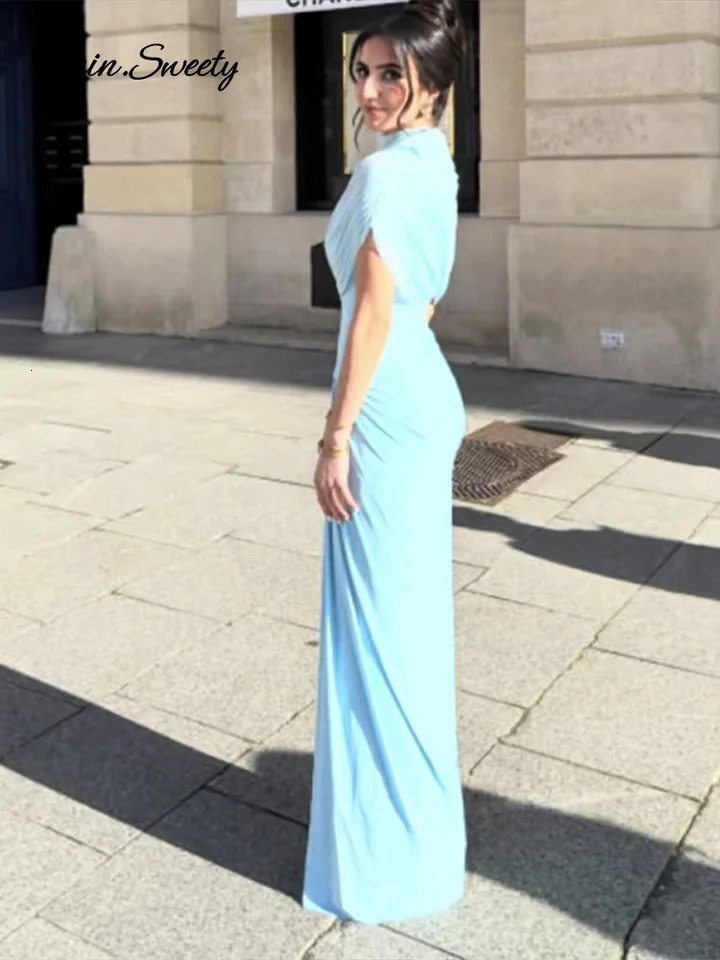Elegant shawl party long dress chiffon womens asymmetric light blue pleated ultra-thin long dress summer womens evening dance dress 250409