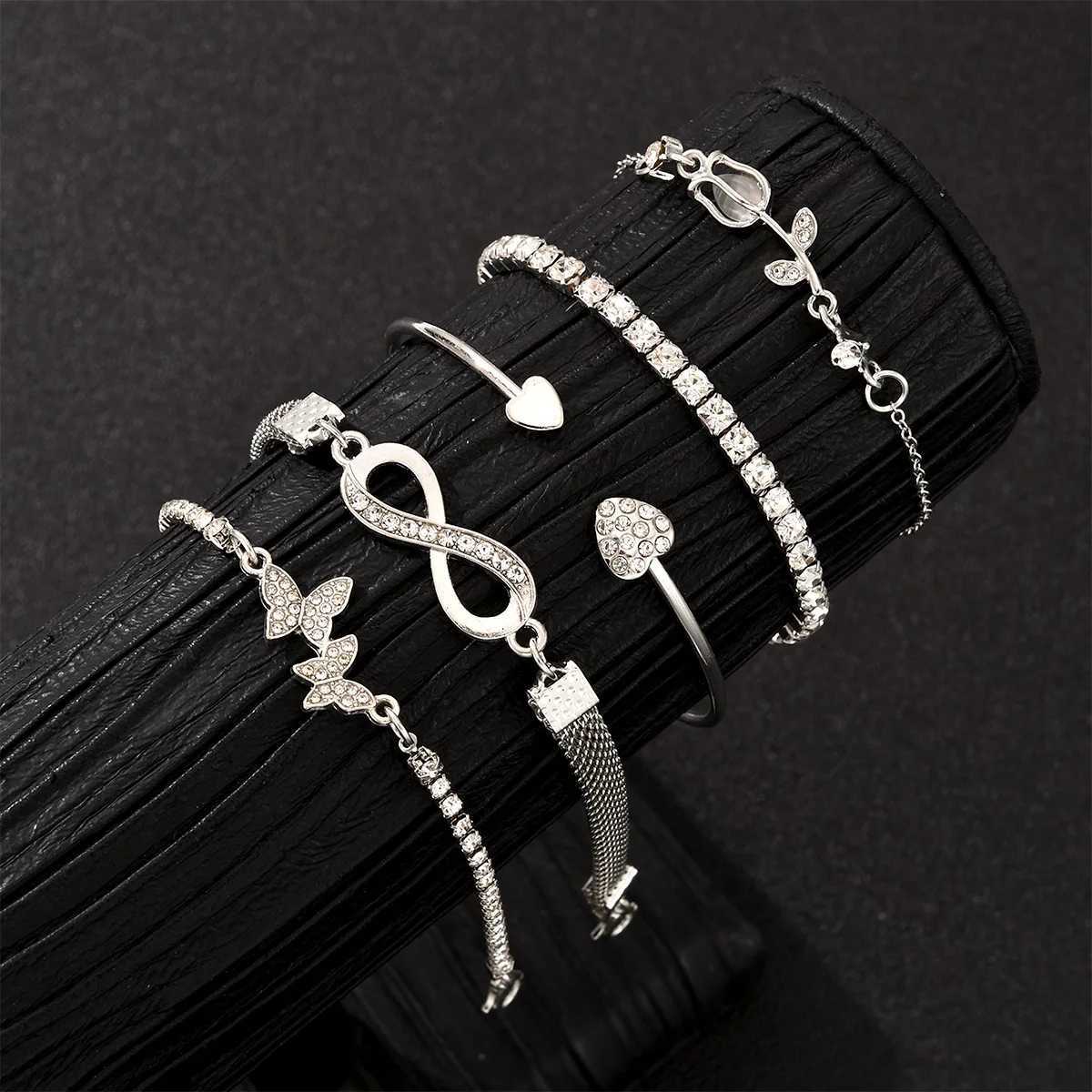 5Pcs Vintage Elegant Heart Butterfly Bracelets For Women Silver Color Rose Infinity Crystal Bracelets Sets Fashion Jewelry GiftT251110