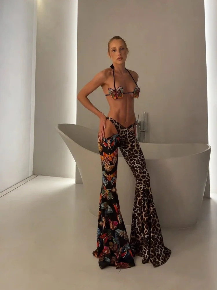Women Leopard Print Slim Pants Fashion Patchwork High Waist Hollow Out Full Length Boot Pants Summer Holiday Pantalones De Mujer 250409
