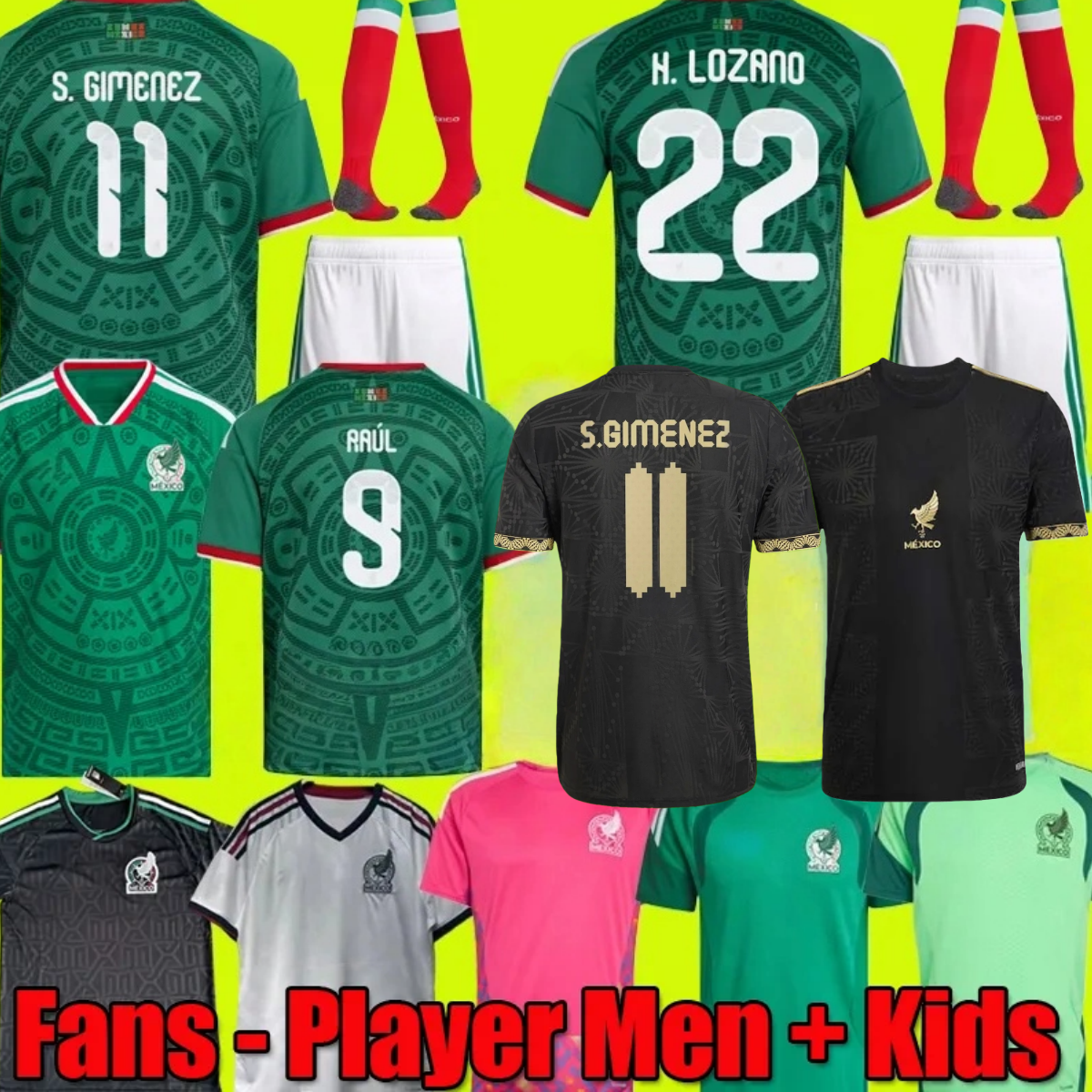 2026 2027 Green Mexico jersey World Cup Home away Kit soccer jerseys A. VEGA C. HUERTA L. ROMO RAUL football shirts men kids kit set Third goalkeeper training uniform women